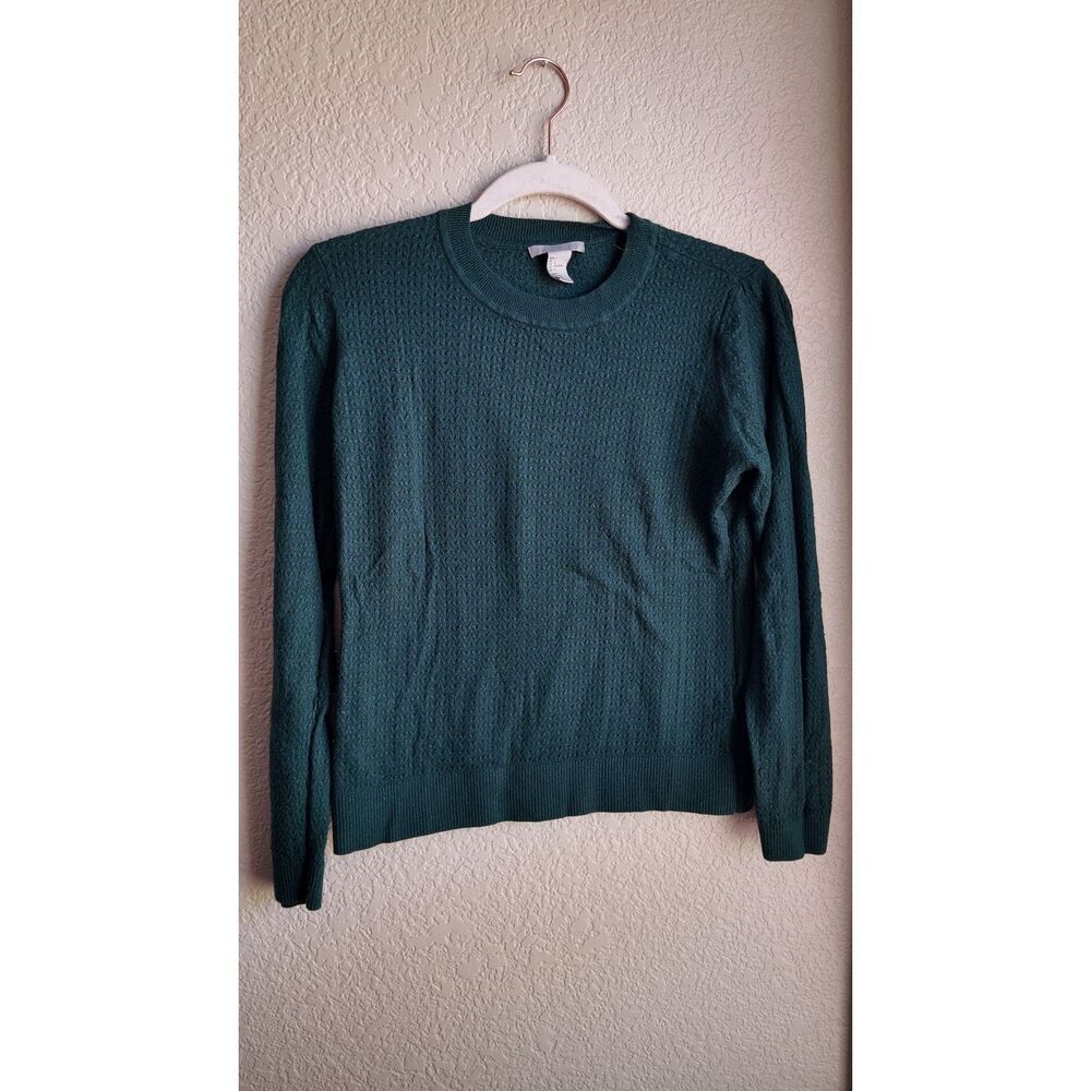H&M Dark Green Textured Knit Sweater Size Large Wool Blend Crewneck